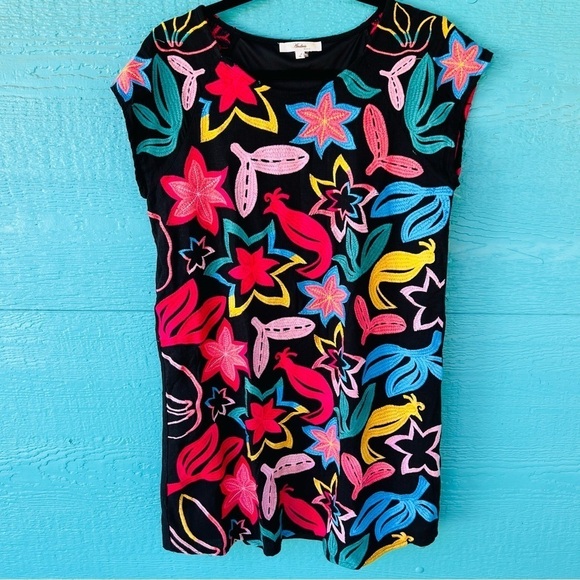 ANDREE FULLY EMBROIDERED BLACK MINI DRESS SIZE LARGE EUC - Picture 1 of 7